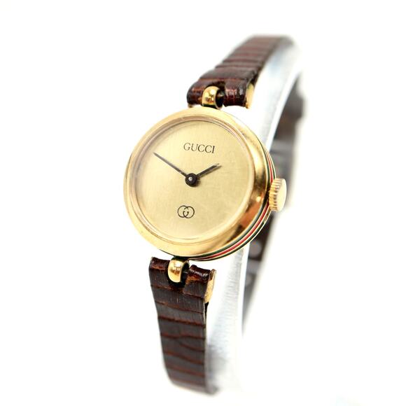 Vintage Gucci Mechanical Manual Wind Gold Tone Watch Lizard Leather PARTS REPAIR - Picture 1 of 16